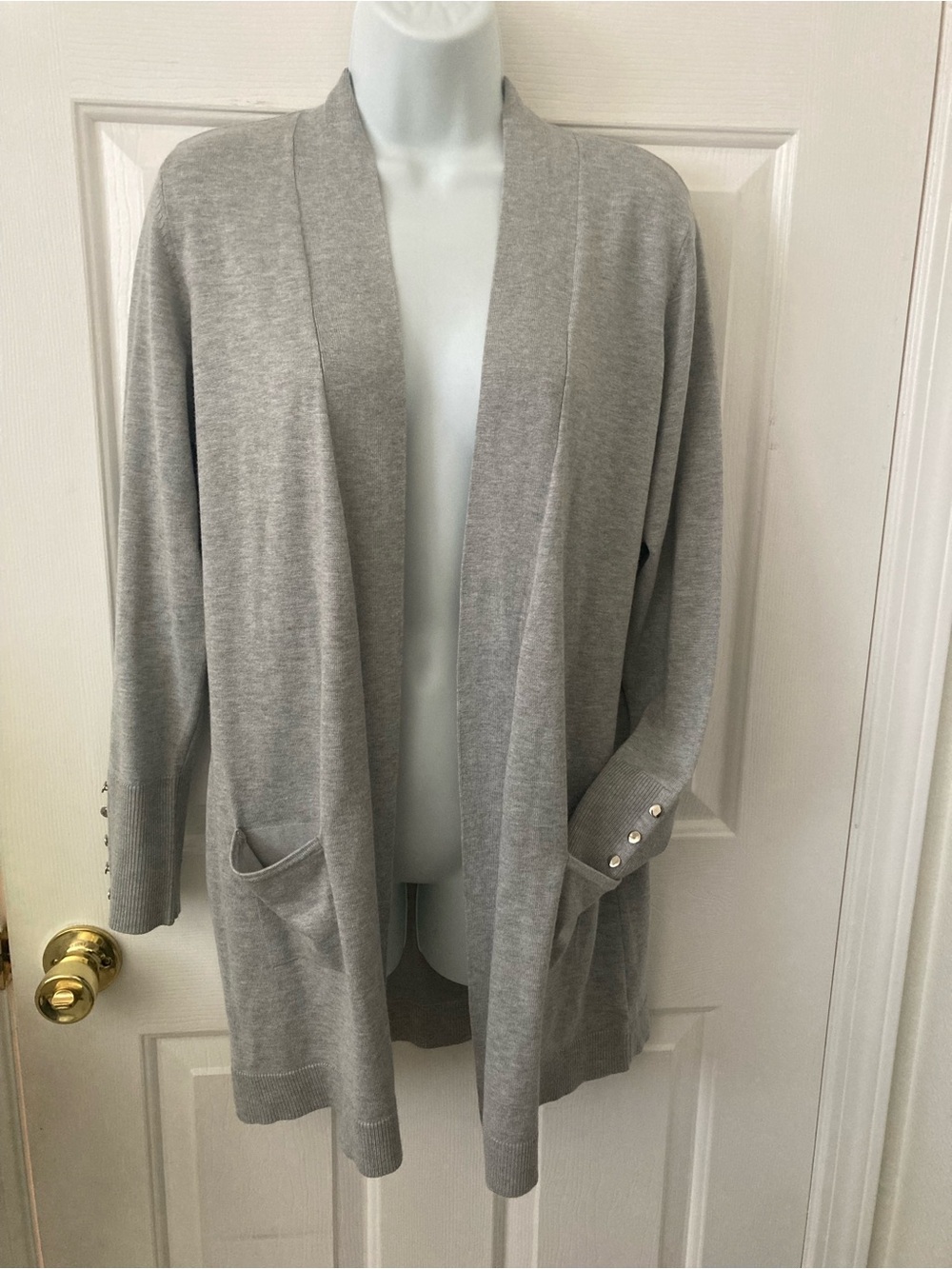 Madison Light Gray Open-Front Cardigan with Pocket and Button Cuff Detail